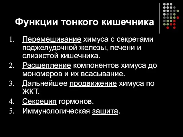 Функции тонкого кишечника Перемешивание химуса с секретами поджелудочной железы, печени