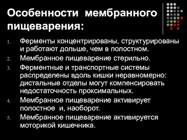 Особенности мембранного пищеварения: Ферменты концентрированы, структурированы и работают дольше, чем