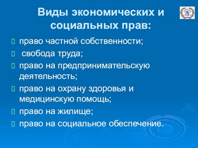 Виды экономических и социальных прав: право частной собственности; свобода труда;