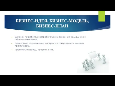 БИЗНЕС-ИДЕЯ, БИЗНЕС-МОДЕЛЬ, БИЗНЕС-ПЛАН Целевой потребитель: потребительский рынок, для домашнего и