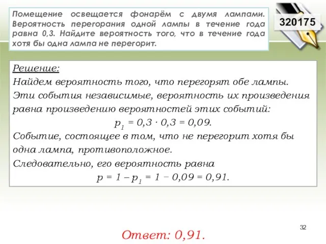 320175 Решение: Найдем вероятность того, что перегорят обе лампы. Эти