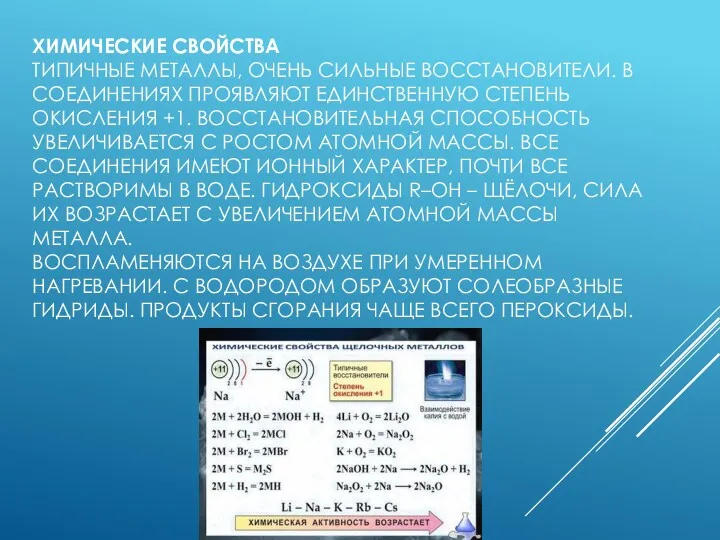 ХИМИЧЕСКИЕ СВОЙСТВА ТИПИЧНЫЕ МЕТАЛЛЫ, ОЧЕНЬ СИЛЬНЫЕ ВОССТАНОВИТЕЛИ. В СОЕДИНЕНИЯХ ПРОЯВЛЯЮТ