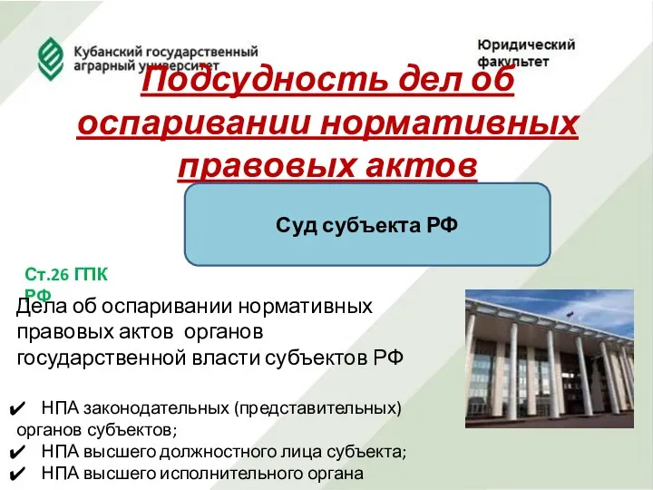 Подсудность дел об оспаривании нормативных правовых актов Суд субъекта РФ