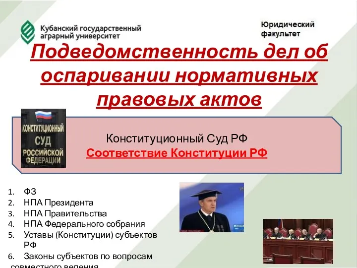 Подведомственность дел об оспаривании нормативных правовых актов Конституционный Суд РФ