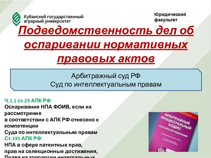 Подведомственность дел об оспаривании нормативных правовых актов Арбитражный суд РФ