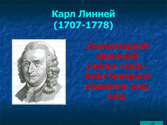 Карл Линней (1707-1778) Элементарной единицей считал «вид». Ввёл бинарное название: род, вид.