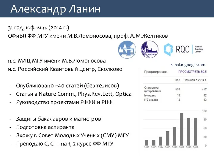 Александр Ланин 31 год, к.ф.-м.н. (2014 г.) ОФиВП ФФ МГУ