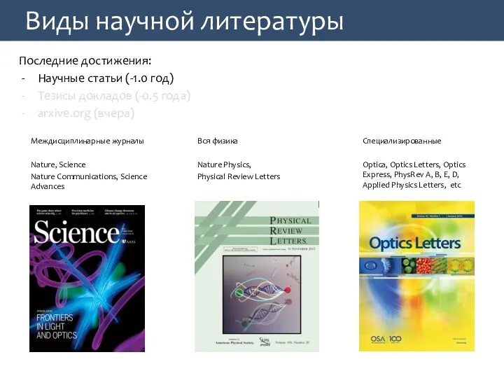 Виды научной литературы Междисциплинарные журналы Nature, Science Nature Communications, Science