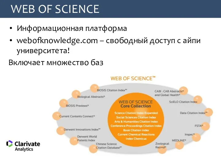 WEB OF SCIENCE Информационная платформа webofknowledge.com – свободный доступ с айпи университета! Включает множество баз