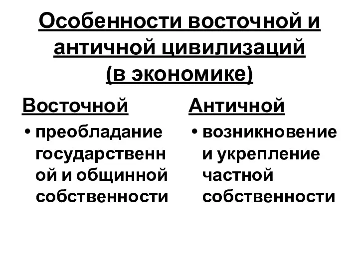 Особенности восточной и античной цивилизаций (в экономике) Восточной преобладание государственной и общинной собственности