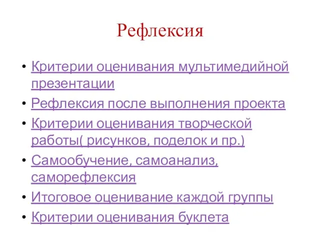 Рефлексия Критерии оценивания мультимедийной презентации Рефлексия после выполнения проекта Критерии