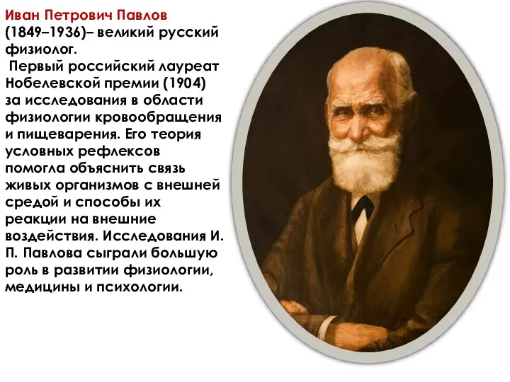 Иван Петрович Павлов (1849–1936)– великий русский физиолог. Первый российский лауреат Нобелевской премии (1904)
