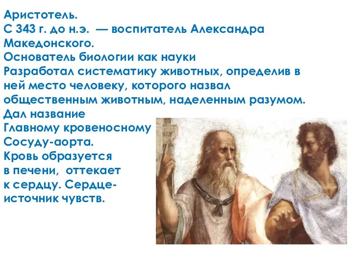 Аристотель. С 343 г. до н.э. — воспитатель Александра Македонского. Основатель биологии как