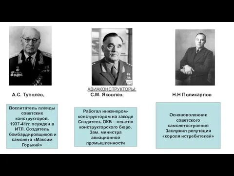 АВИАКОНСТРУКТОРЫ: А.С. Туполев, С.М. Яковлев, Н.Н Поликарпов Основоположник советского самолетостроения