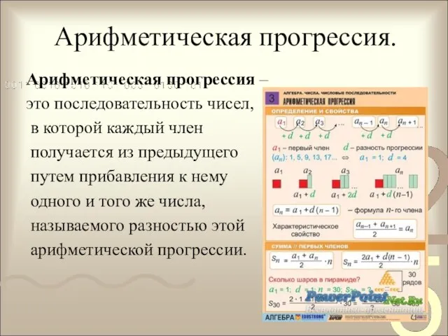 Арифметическая прогрессия. Арифметическая прогрессия – это последовательность чисел, в которой