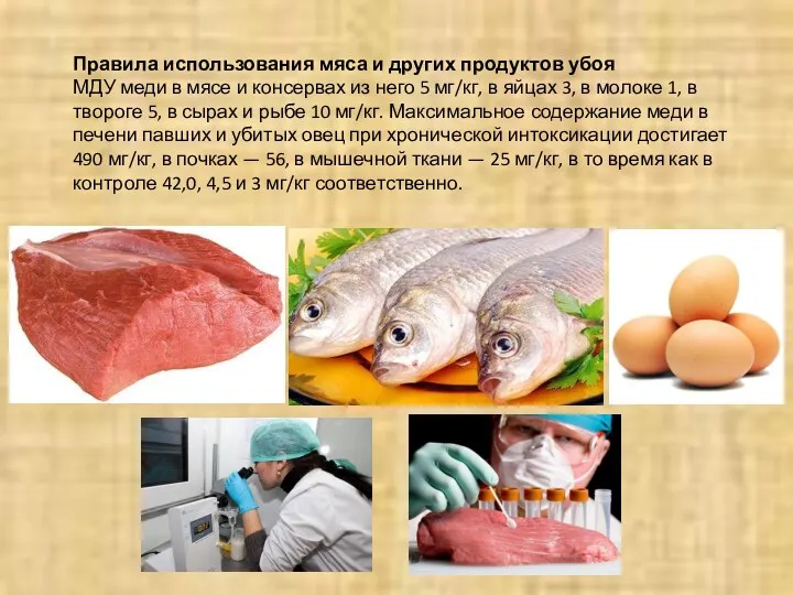 Правила использования мяса и других продуктов убоя МДУ меди в мясе и консервах