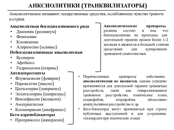 АНКСИОЛИТИКИ (ТРАНКВИЛИЗАТОРЫ) Анксиолитиками называют лекарственные средства, ослабляющие чувство тревоги и страха Анксиолитики бензодиазепинового