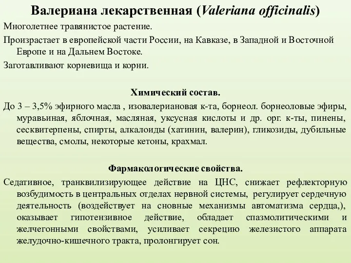 Валериана лекарственная (Valeriana officinalis) Многолетнее травянистое растение. Произрастает в европейской
