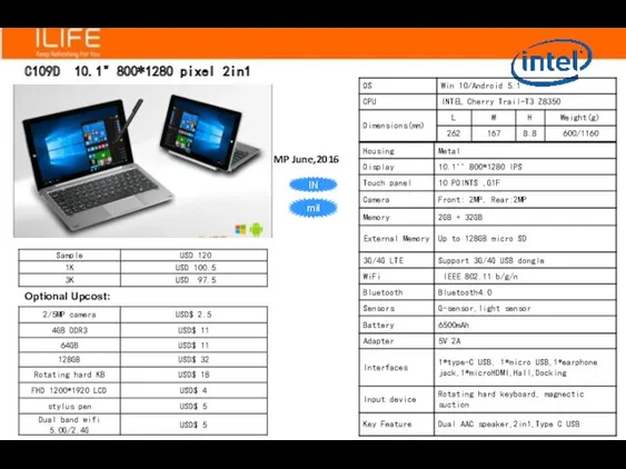C109D 10.1" 800*1280 pixel 2in1 2 IN 1 Family 9 MP June,2016 Optional Upcost: