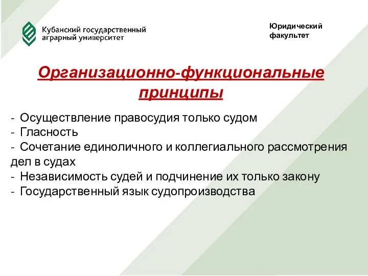 Юридический факультет Организационно-функциональные принципы - Осуществление правосудия только судом - Гласность - Сочетание