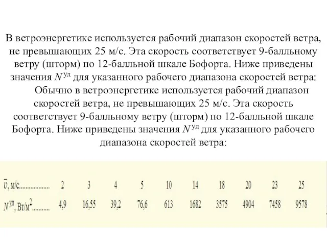 В ветроэнергетике используется рабочий диапазон скоростей ветра, не превышающих 25