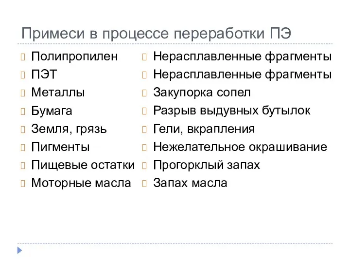 Примеси в процессе переработки ПЭ Полипропилен ПЭТ Металлы Бумага Земля,