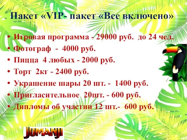 Пакет «VIP- пакет «Все включено» Игровая программа - 29000 руб.