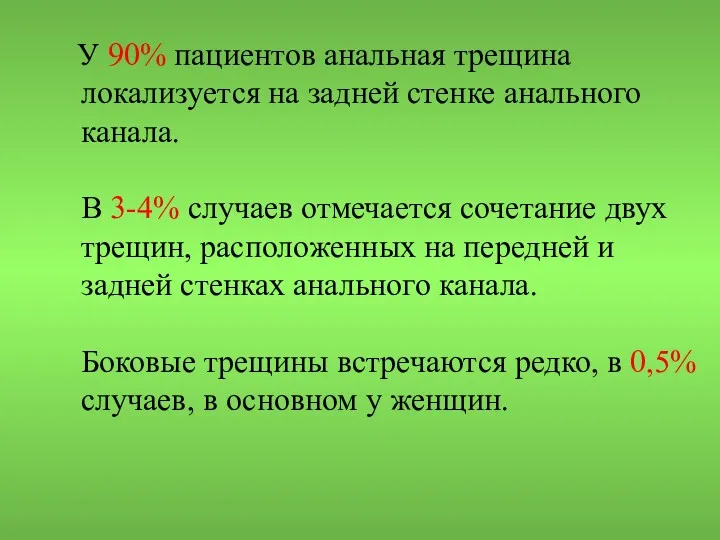 У 90% пациентов анальная трещина локализуется на задней стенке анального