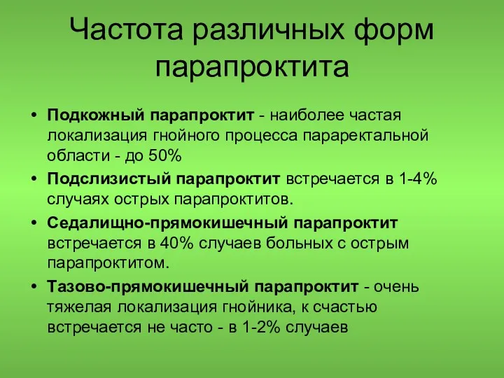 Частота различных форм парапроктита Подкожный парапроктит - наиболее частая локализация