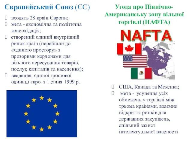 Європейський Союз (ЄС) входять 28 країн Європи; мета - економічна