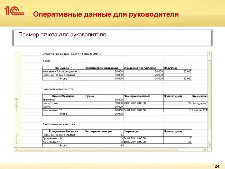 Оперативные данные для руководителя Пример отчета для руководителя