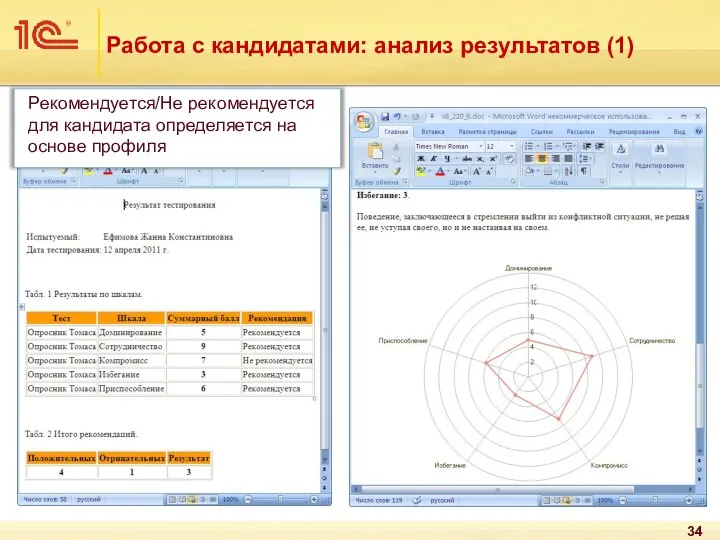 Работа с кандидатами: анализ результатов (1) Рекомендуется/Не рекомендуется для кандидата определяется на основе профиля