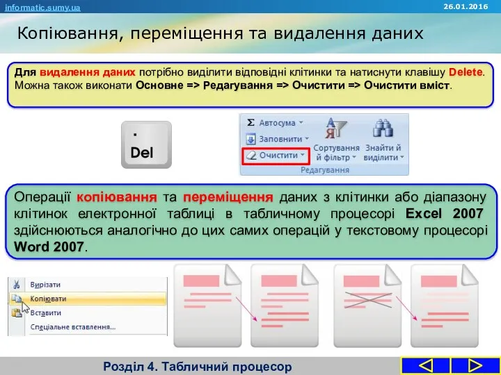 Копіювання, переміщення та видалення даних Розділ 4. Табличний процесор informatic.sumy.ua 26.01.2016 Для видалення