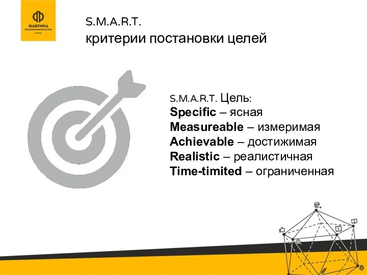 S.M.A.R.T. критерии постановки целей S.M.A.R.T. Цель: Specific – ясная Measureable