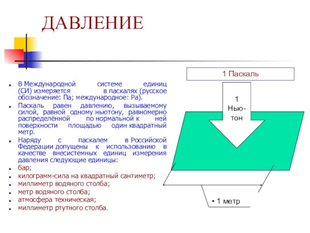 ДАВЛЕНИЕ В Международной системе единиц (СИ) измеряется в паскалях (русское