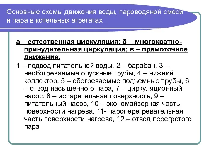 Основные схемы движения воды, пароводяной смеси и пара в котельных