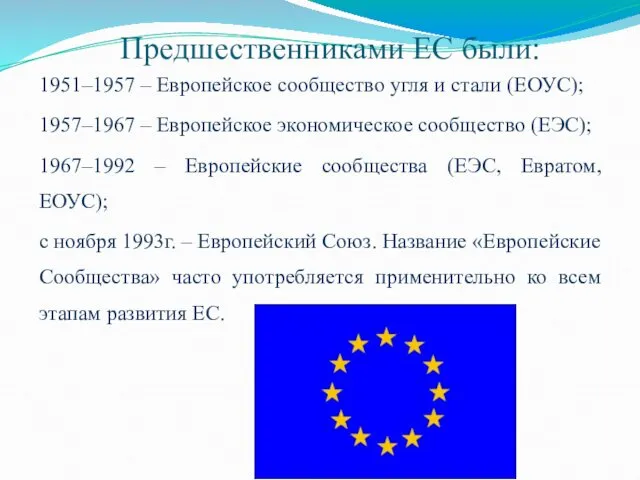 Предшественниками ЕС были: 1951–1957 – Европейское сообщество угля и стали