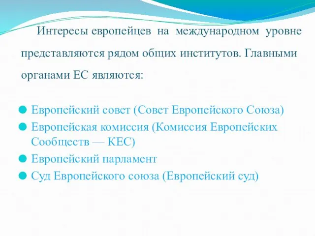 Интересы европейцев на международном уровне представляются рядом общих институтов. Главными