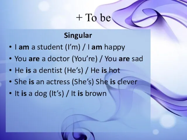+ To be Singular I am a student (I’m) /