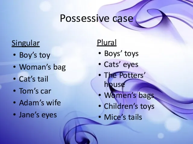 Possessive case Singular Boy’s toy Woman’s bag Cat’s tail Tom’s