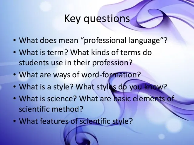Key questions What does mean “professional language”? What is term?