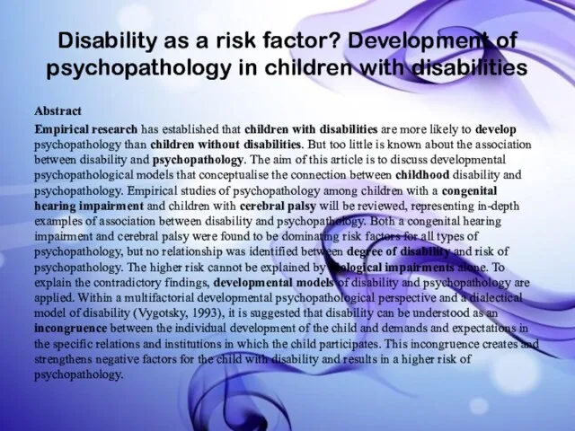 Disability as a risk factor? Development of psychopathology in children