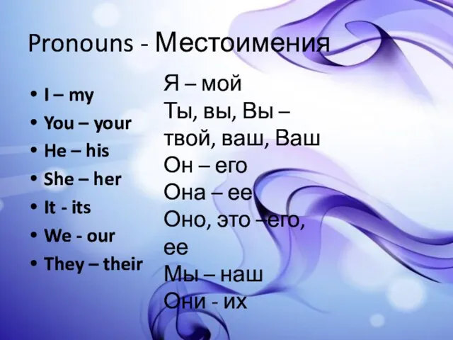 Pronouns - Местоимения I – my You – your He