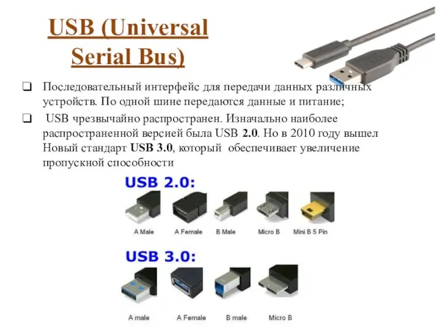 USB (Universal Serial Bus) Последовательный интерфейс для передачи данных различных