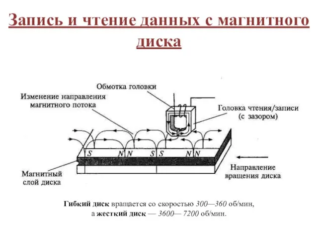 Запись и чтение данных с магнитного диска Гибкий диск вращается