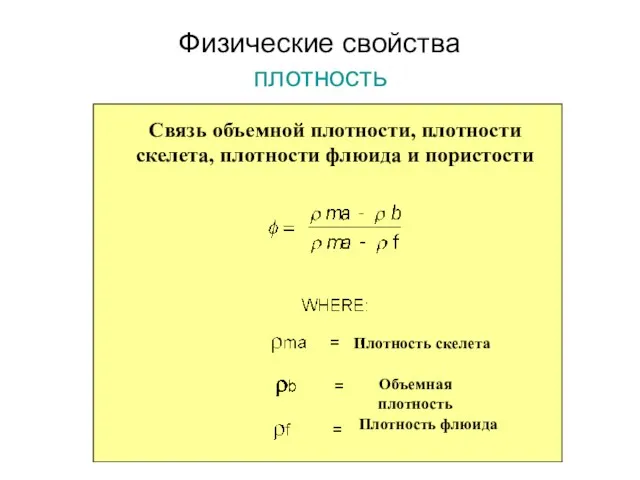 Физические свойства плотность Связь объемной плотности, плотности скелета, плотности флюида