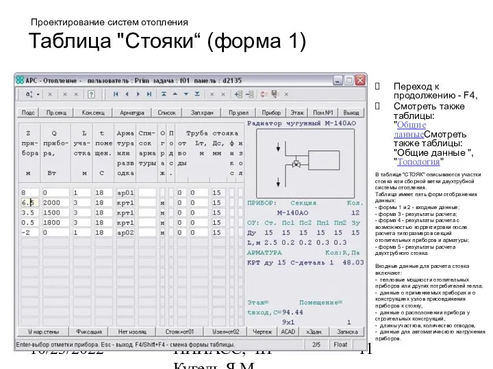 10/23/2022 НИИАСС, ЧП Кугель Я.М. Проектирование систем отопления Таблица "Стояки“