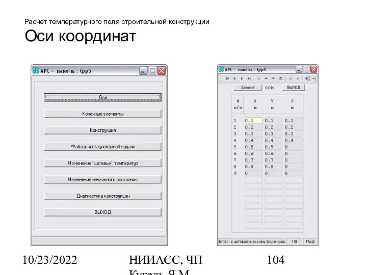 10/23/2022 НИИАСС, ЧП Кугель Я.М. Расчет температурного поля строительной конструкции Оси координат