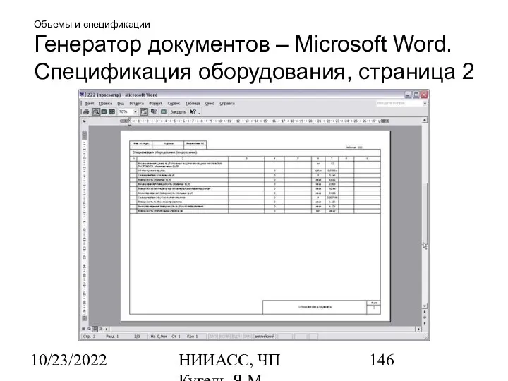 10/23/2022 НИИАСС, ЧП Кугель Я.М. Объемы и спецификации Генератор документов