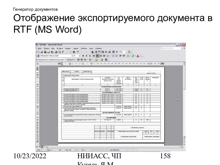 10/23/2022 НИИАСС, ЧП Кугель Я.М. Генератор документов Отображение экспортируемого документа в RTF (MS Word)